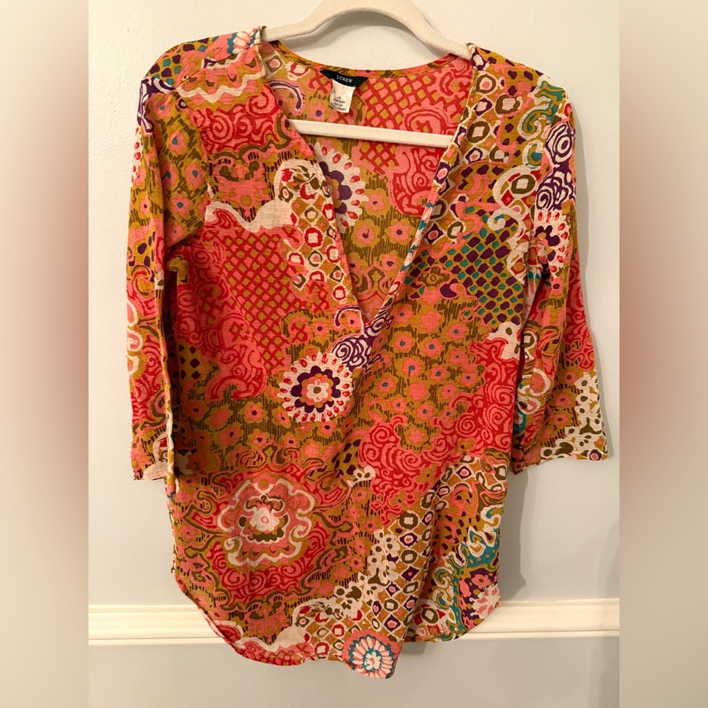 J.Crew Shirt Top  Tunic Top Boho Floral 3/4 Sleeve Split Neck Size Small - Picture 5 of 5